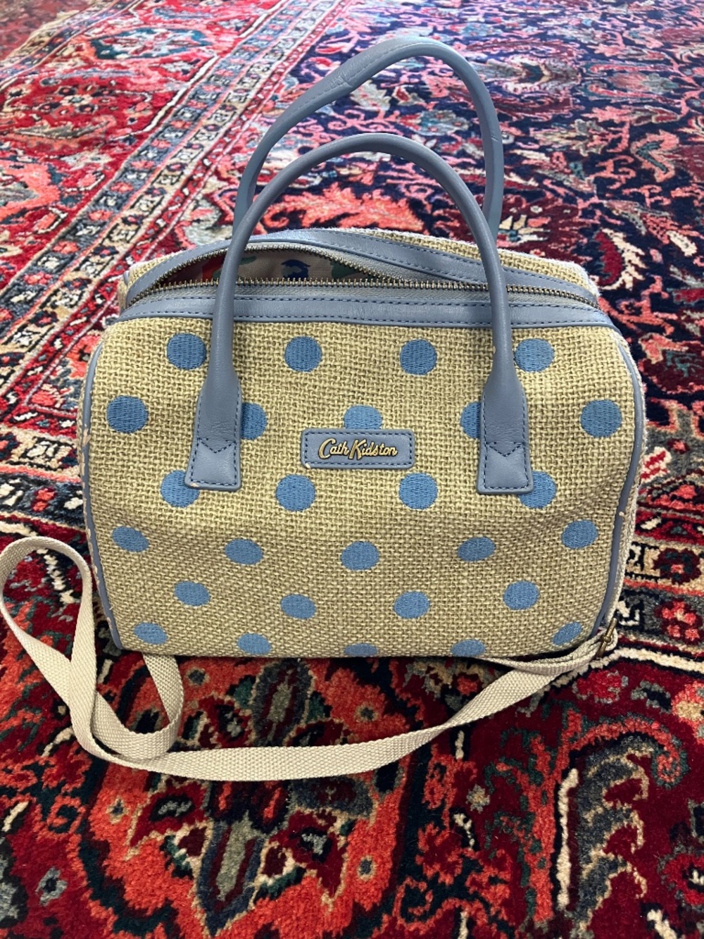 NEW Vintage Cath Kidston UK Hemp Canvas Style Blue Polka Dots Bag